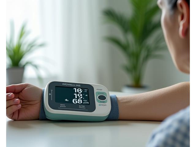 Měřič krevního tlaku na ruce starší ženy s klidným výrazem