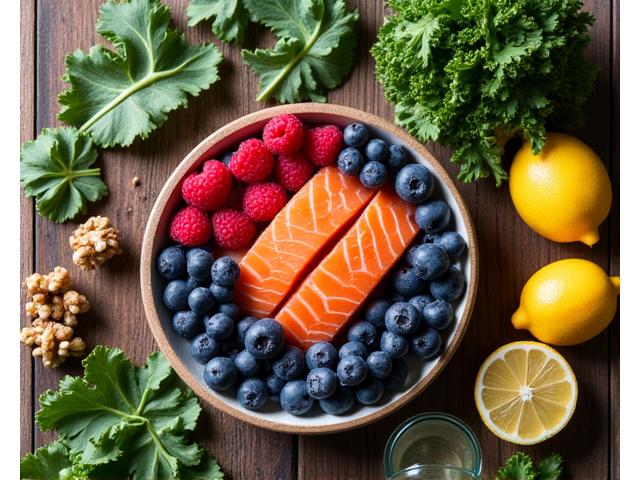 Talíř plný čerstvé zeleniny, ryb a ořechů, s teplým světlem, naznačující zdravé stravování pro mozek.