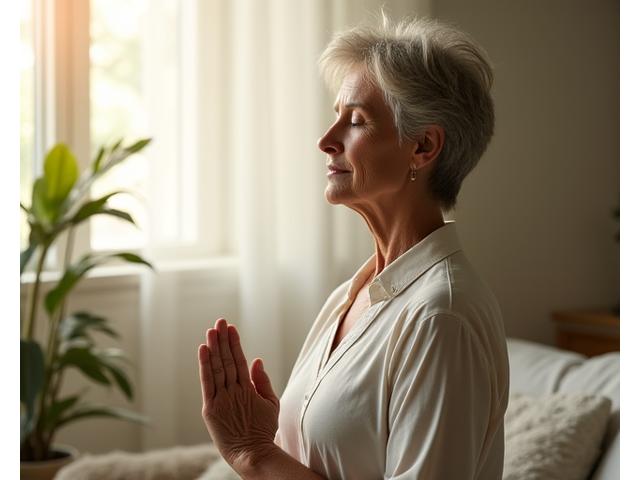 Žena ve středním věku meditující v klidném prostředí, symbolizující duševní klid a prevenci demence.