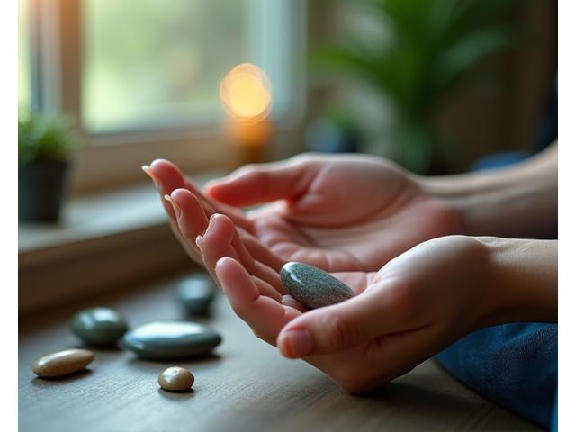 Osoba s uklidněným výrazem drží meditující kuličky, symbolizující soustředění a duševní klid pro lepší paměť.