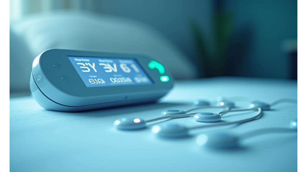 Detailní záběr na zařízení pro monitorování spánku, možná s grafy dat na obrazovce