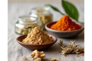 Adaptogenní byliny a doplňky stravy v malých sklenicích.