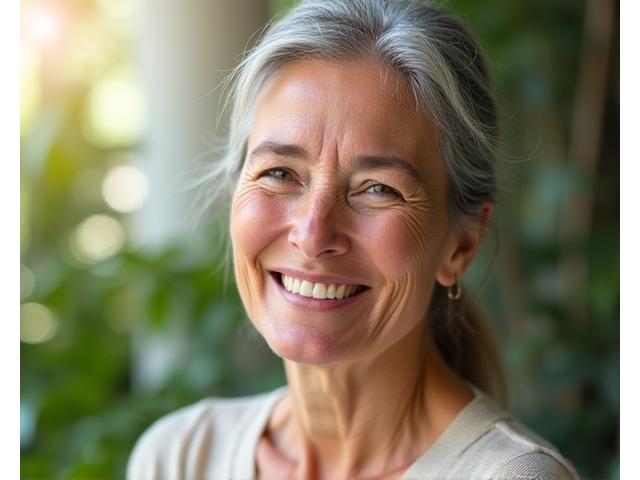 Žena středního věku usmívající se, s klidným výrazem, symbolizující hormonální rovnováhu a pohodu.