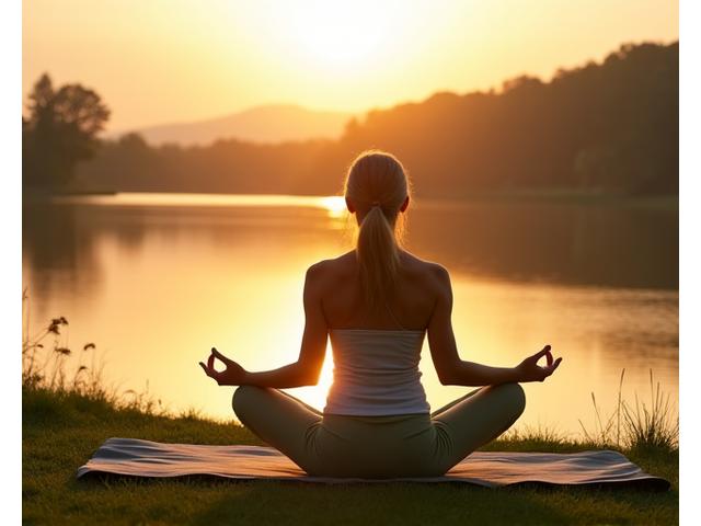 Osoba cvičící jógu a meditující u jezera pro řízení stresu