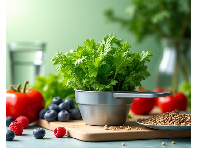 Odměrka stravy a čerstvé ovoce symbolizující dietní plán