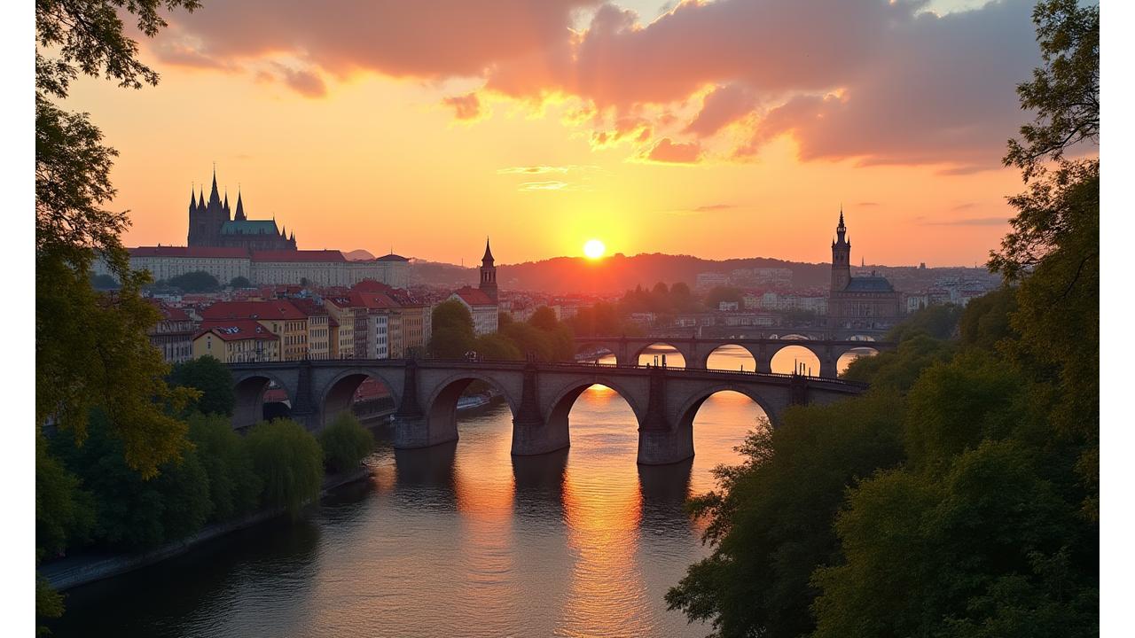 Panoramatický pohled na Prahu při západu slunce, symbolizující lokální zakořenění Lví Zdraví