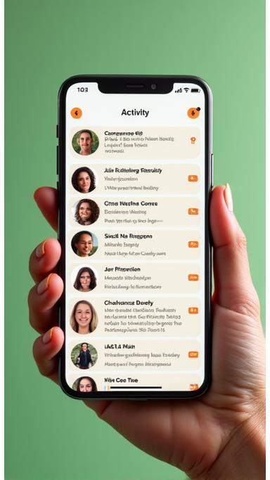 Živý feed aktivit v wellness komunitě ukazující konverzace a sdílení