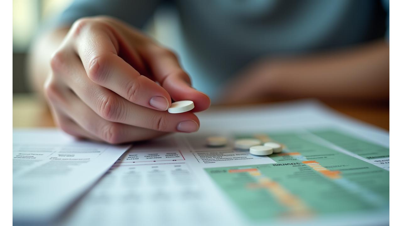 Ruka drží tablety s opatrností a pozadím lékových informací