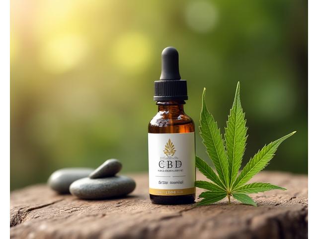 Láhev organického CBD oleje s listem konopí