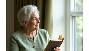 Elegantní žena středního věku se zamýšlí, symbolizující vyrovnanost a pochopení vlastního zdraví